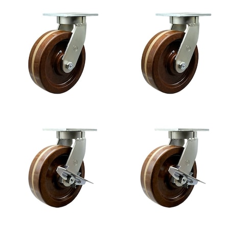 Service Caster 10'' Heavy Duty High Temp Phenolic Swivel Caster Set with 2 Brakes , 4PK CRAN-SCC-KP92S1030-PHRHT-2-SLB-2